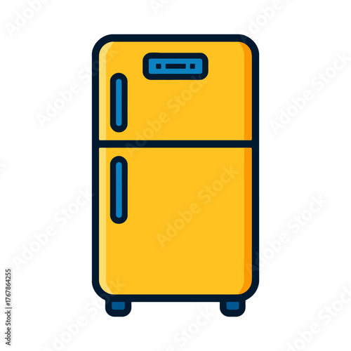 A yellow refrigerator with blue handles. The refrigerator is empty. The refrigerator is a cartoon style. Vector. 