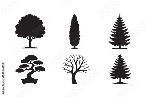 Collection of six distinct tree silhouettes in black and white