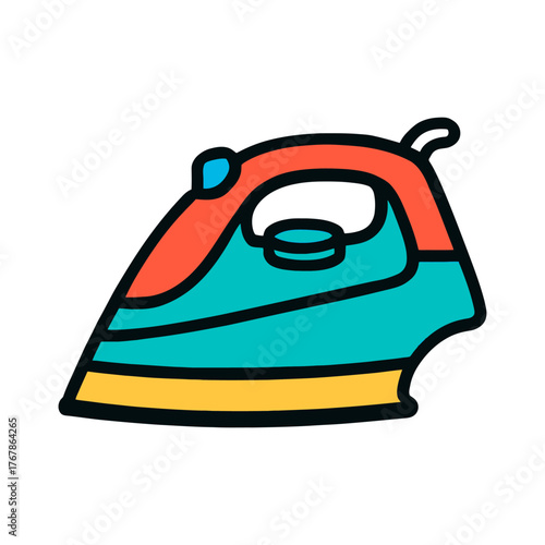 A cartoon drawing of a red and blue iron. The iron is on a white background. The iron is colorful and has a cartoonish look to it. Vector. 