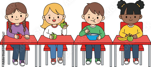 Smiling cartoon children in a row at the park with school bags are having fun