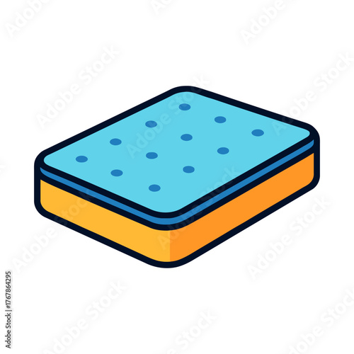 A cartoonish drawing of a mattress with blue and orange stripes. The mattress is shown in a white background. Vector. 
