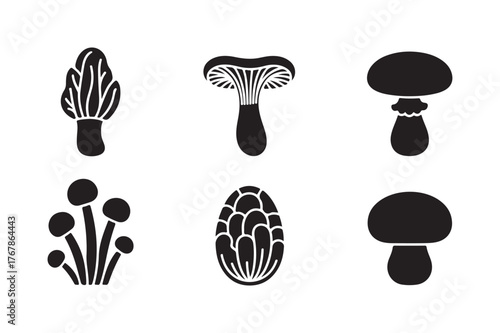 Collection of six stylized black mushroom silhouettes