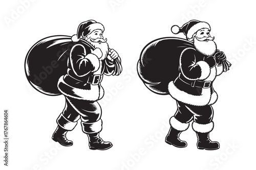 Two stylized illustrations of santa claus carrying sacks