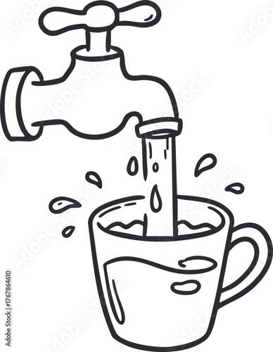 A simple illustration of a tap pouring water into a cup with splashes.