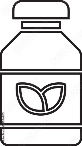 Natural Supplement Bottle Outline Vector Illustration: Healthy Lifestyle, Vitamins, and Organic Herbal Medicine Concepts Icon in Line Art Style