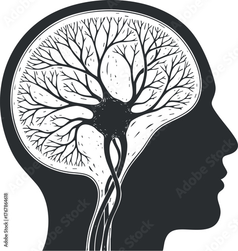 An artistic representation of a human head with a tree structure symbolizing growth and creativity.