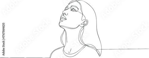 Minimalist line art portrait of a woman looking upwards in a thoughtful pose.