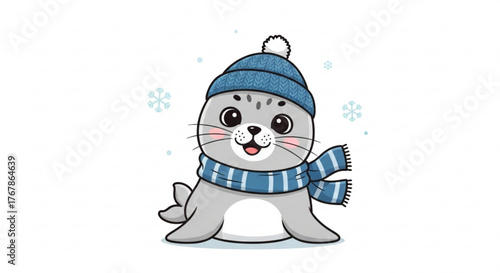 Adorable cartoon seal wearing a winter hat and scarf surrounded by snowflakes