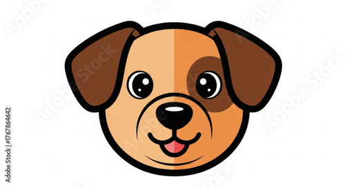 Cute cartoon dog face with brown ears and a spot smiling happily on white background