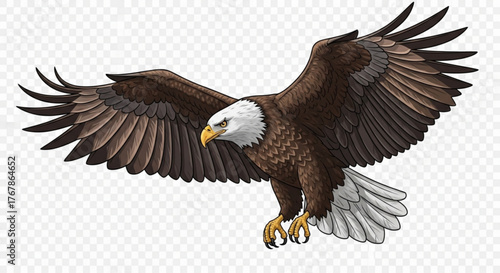 Majestic bald eagle soars with outstretched wings against a transparent backdrop