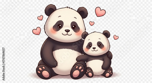 Cute panda bear and cub sitting together surrounded by pink hearts illustration