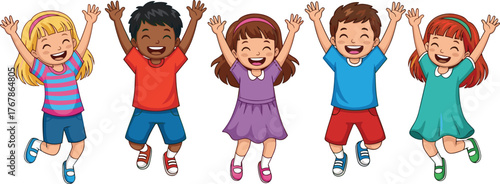 Happy children friends smiling and playing with hands, a vector illustration of a fun young school group