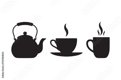 Silhouette of a teapot and two steaming cups of beverage