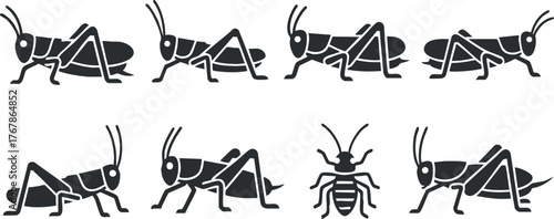 Set of black silhouette illustrations of grasshoppers showcasing various poses and movements