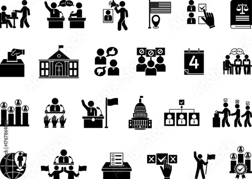 Black Elections Icon Set. Vector Icons: Voting, Candidate, Opinion, Government, Debate, Campaign, President, Ballot, Democracy, Referendum, Protest, and More