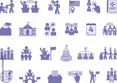 Colored Elections Icon Set. Vector Icons: Voting, Candidate, Opinion, Government, Debate, Campaign, President, Ballot, Democracy, Referendum, Protest, and More
