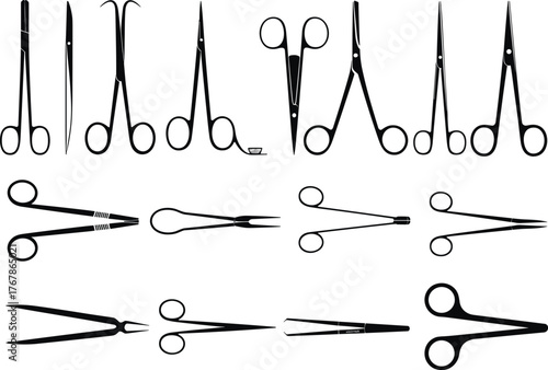Surgical instruments, medical forceps, scissors set, healthcare tools, hospital equipment, sterile devices, operating room supplies, clinical tools, vector illustration, isolated