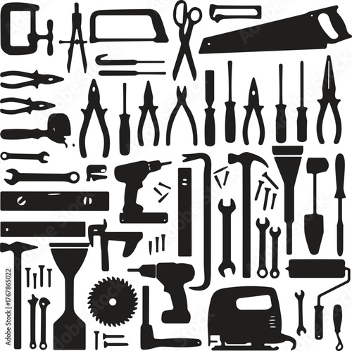 Hand tools silhouette collection, power tools vector set, carpentry equipment icons, workshop gear illustration, DIY repair toolkit, black isolated shapes