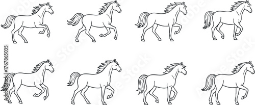A sequence of illustrated horses in various running poses showcasing motion and grace.