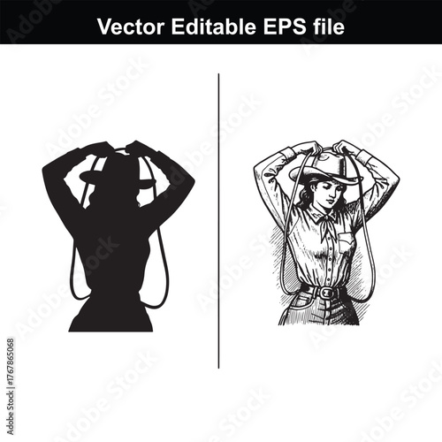 Silhouette and line art of a woman in a cowboy hat holding a lasso
