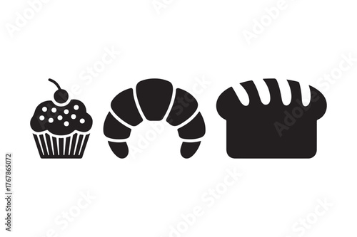 Black silhouette icons of a cupcake croissant and bread