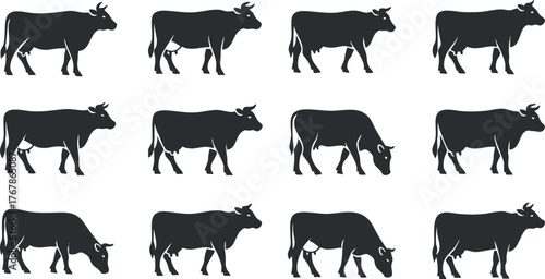 A repeated pattern of black silhouette cows suitable for agricultural and farm-themed designs.