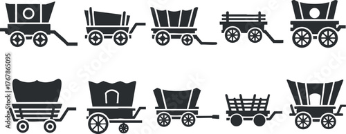 Collection of various wagon and cart silhouettes for transportation and delivery concepts