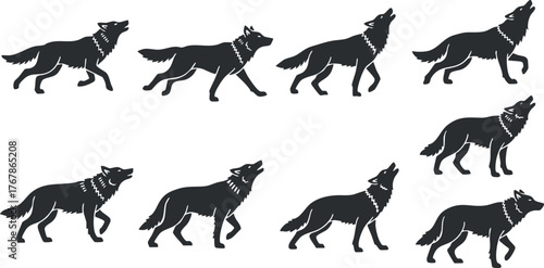 Silhouettes of wolves in various poses capturing their movement and behavior in nature.