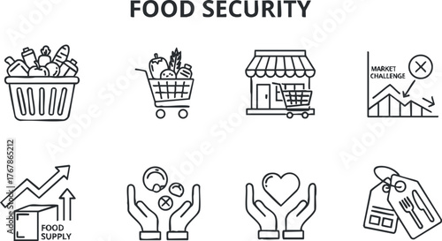 Illustration representing food security concepts including supply, market challenges, and community support.
