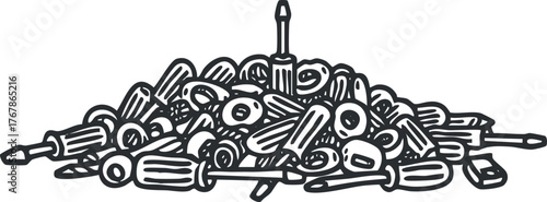 A detailed illustration of a pile of assorted screwdrivers and related tools for repair work.