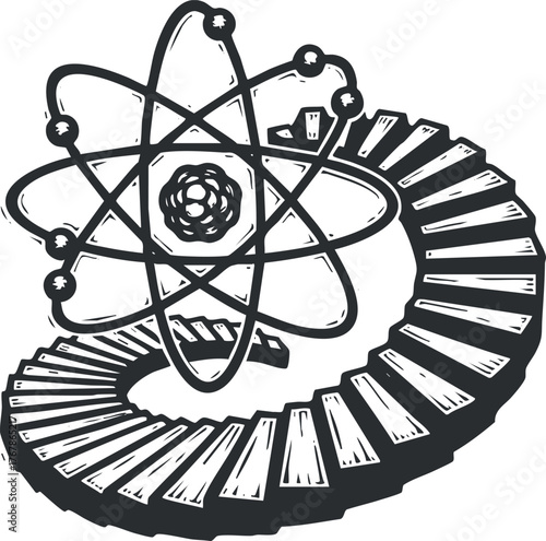 An artistic representation of an atom spiraling around a staircase symbolizing scientific exploration.