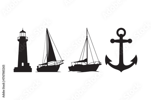 Nautical silhouette collection of lighthouse sailboats and anchor