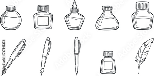 A collection of various writing instruments and ink bottles in a simple line art style