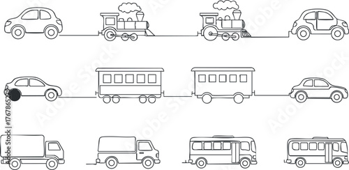 A playful illustration depicting various vehicles including cars, trains, and buses in a linear design.