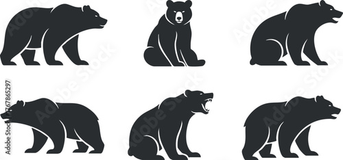 A collection of bear silhouettes showcasing various poses and styles for design and illustration.