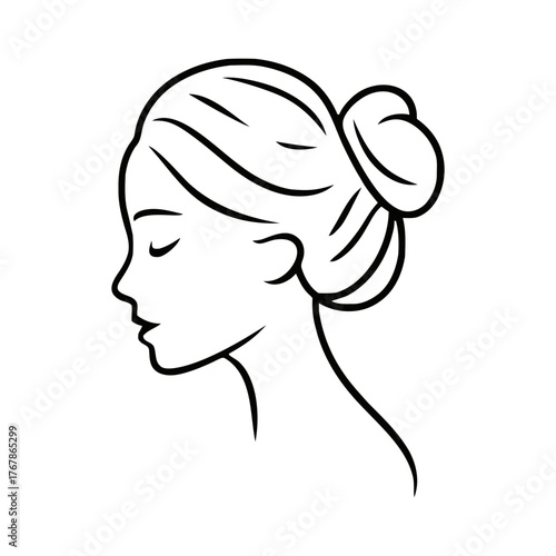 Elegant Female Head with Bun Hairstyle and Closed Eyes in Minimalist Line Art Isolated on Transparent Background.