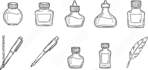 A collection of ink bottles and writing tools including pens and quills illustrated in a simple style.