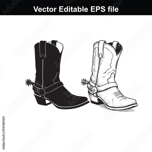 Cowboy boot and spur silhouette and line art comparison