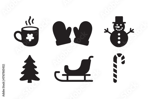 Winter holiday icons featuring a snowman mittens and hot drink