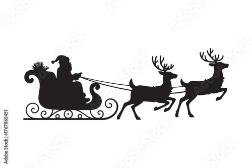 Silhouette of santa claus riding in his sleigh pulled by reindeer
