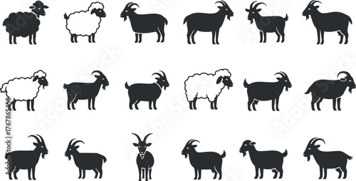 A collection of black silhouettes depicting various sheep and goat designs for agricultural themes