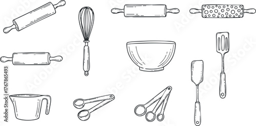 Hand-drawn kitchen utensils including rolling pins whisks and measuring spoons for cooking and baking.