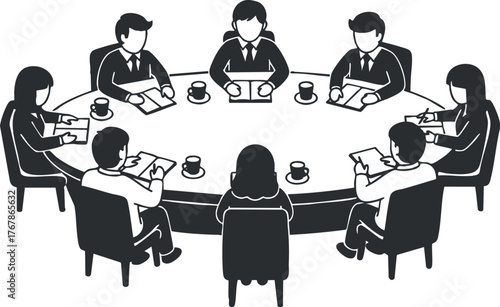 A monochrome illustration of a business meeting around a circular table with participants engaged in discussion.