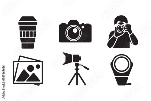 Photography icons set featuring camera gear and photographer