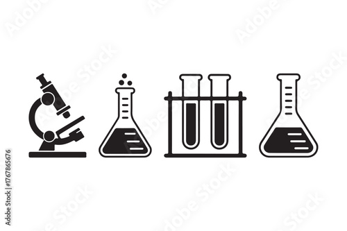 Science laboratory equipment icons including microscope and test tubes