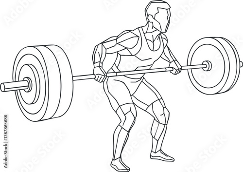 A line art illustration of a weightlifter performing a squat with a barbell.