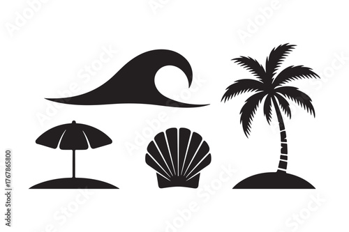 Black silhouette icons of beach elements including a wave palm tree and umbrella