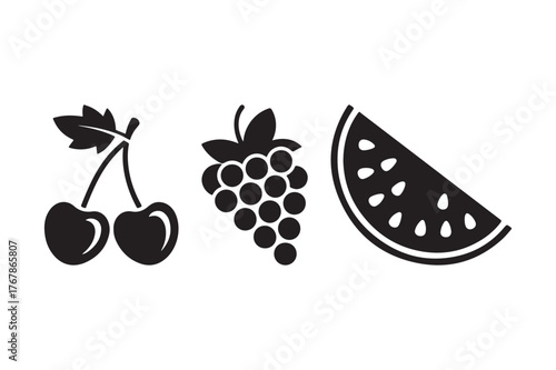 Black and white silhouettes of cherries grapes and watermelon slice