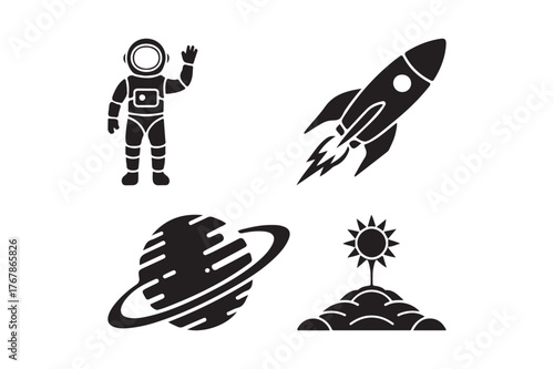 Astronaut rocket planet sun and stars icons in silhouette
