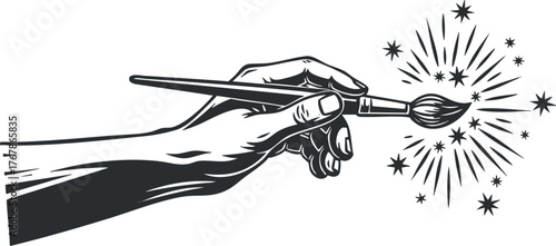 A hand holding a brush creating magical sparkles and stars, representing creativity and art.